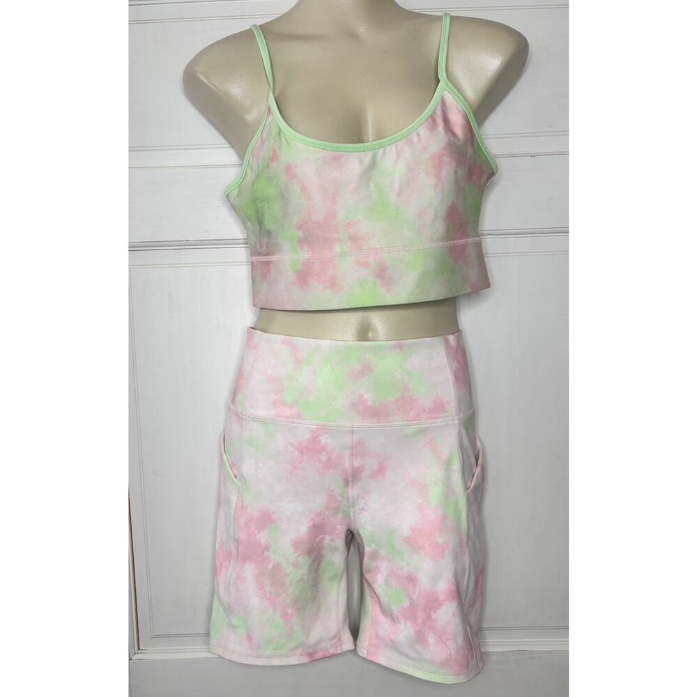 Fabletics New Tie Dye Millie Reversible Bra Oasis 7” Shorts Set Size Large